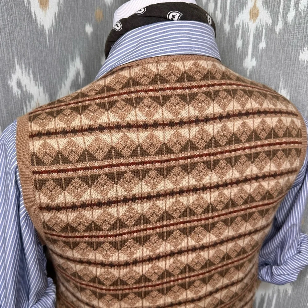 Ralph Lauren Purple Label Tan Multi Fair isle  Geometric V-Neck Sweater Vest